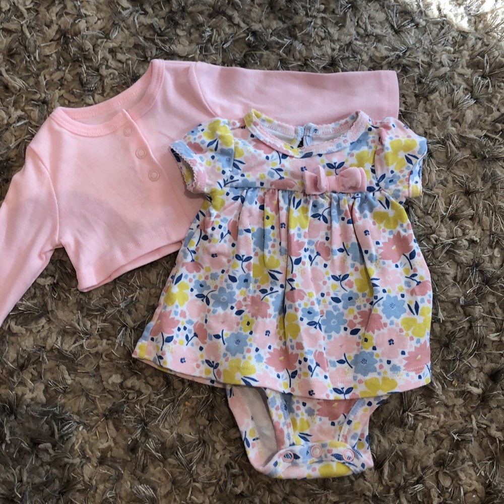 2pc Pink & Blue Floral dress with Cardigan